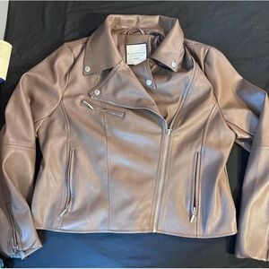 Bagatelle Collection Womens Taupe Faux Leather Moto Biker Jacket Brown Large